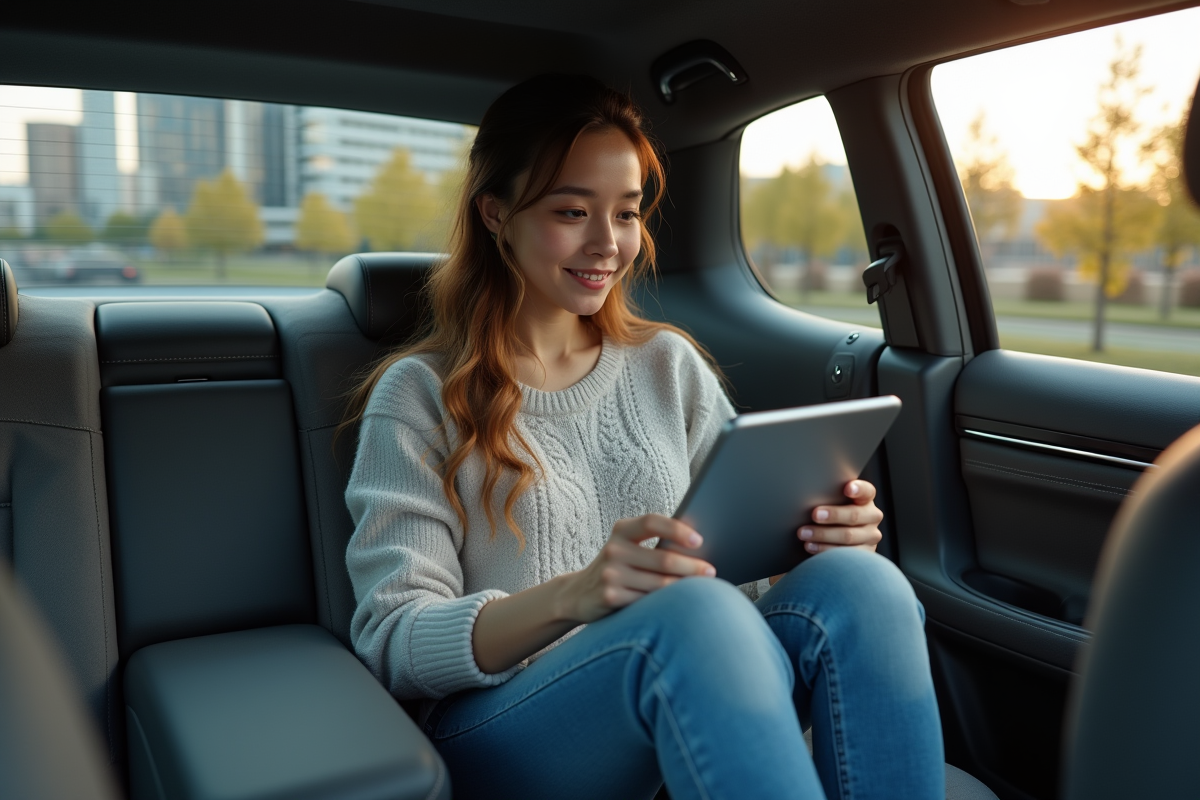 Jeune femme travaillant dans un SUV autonome en ville