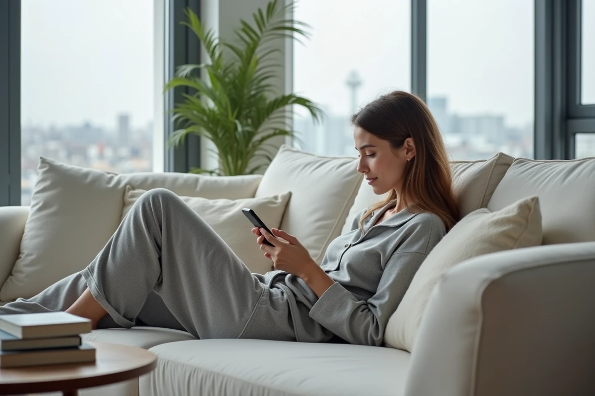 Jeune femme lisant un ebook légal sur smartphone allongée dans un salon moderne