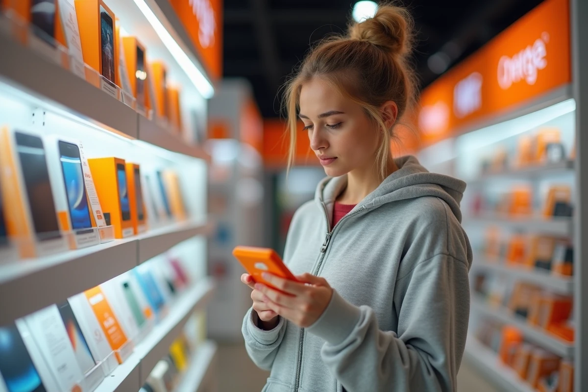 Jeune femme lisant l'emballage d'une carte SIM Orange en magasin, comparant les prix et les options de forfait