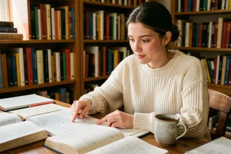 Jeune femme étudiant les figures de style dans des livres ouverts sur un bureau en bois chaleureux