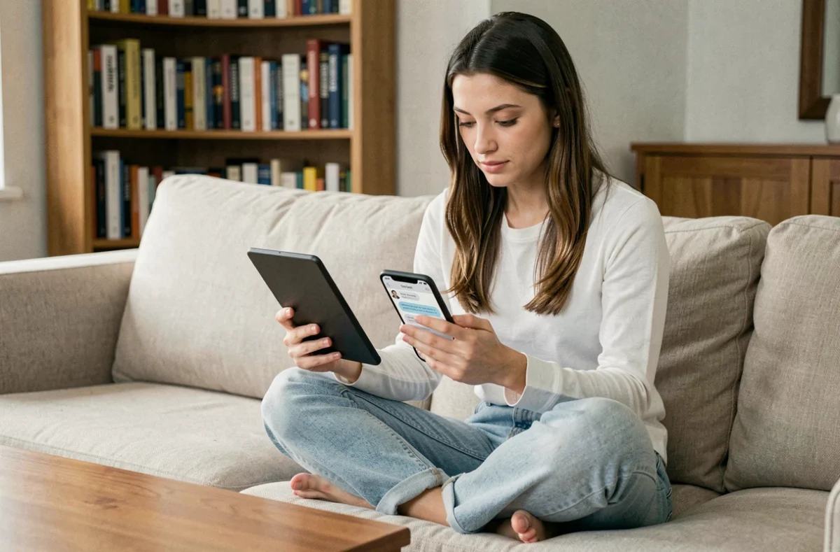 Jeune femme contactant le support Amazon sur smartphone tout en tenant un Kindle dans un salon confortable
