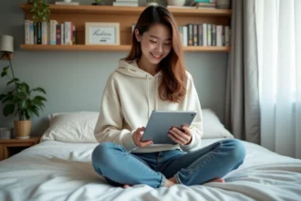 Jeune femme lisant manga sur tablette dans un lit cosy