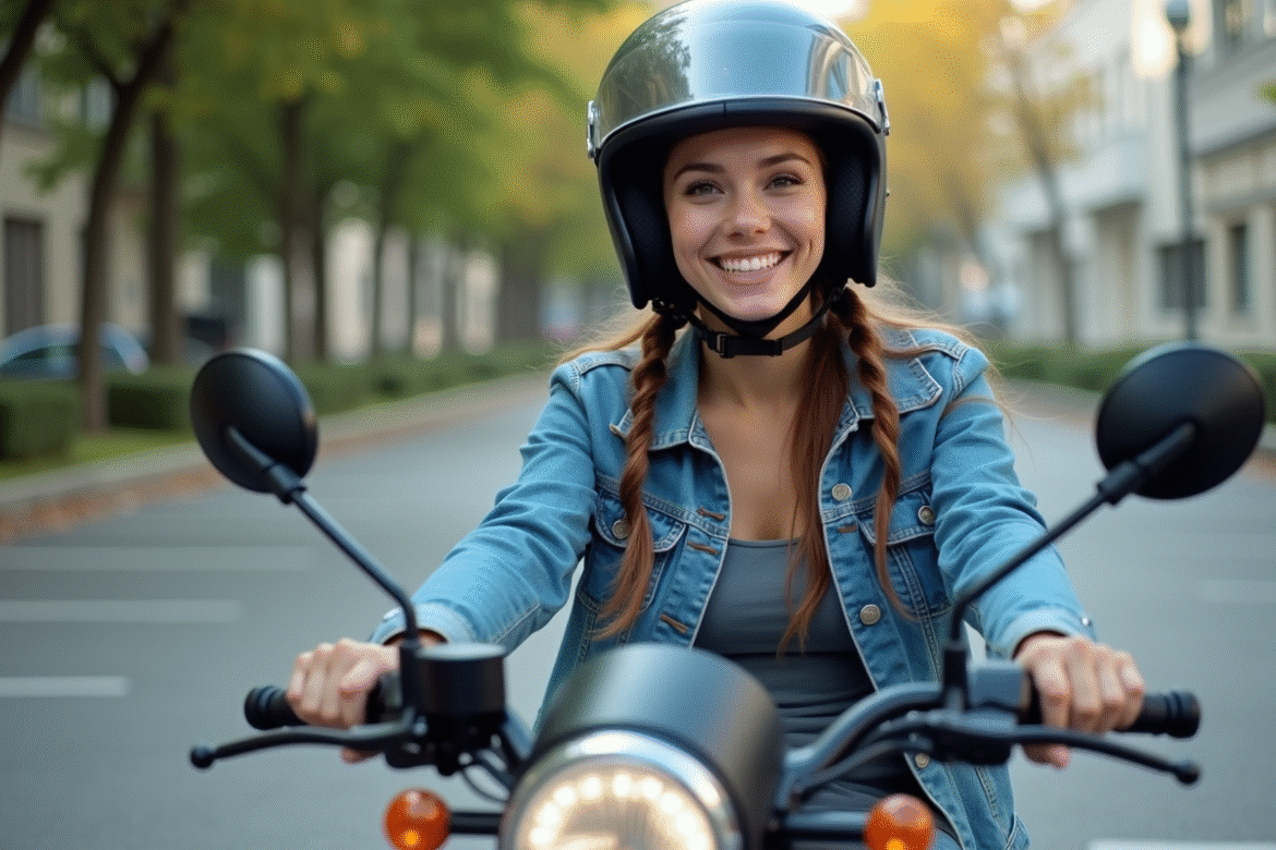 Jeune femme souriante ajustant les miroirs d'une moto 125cc en ville