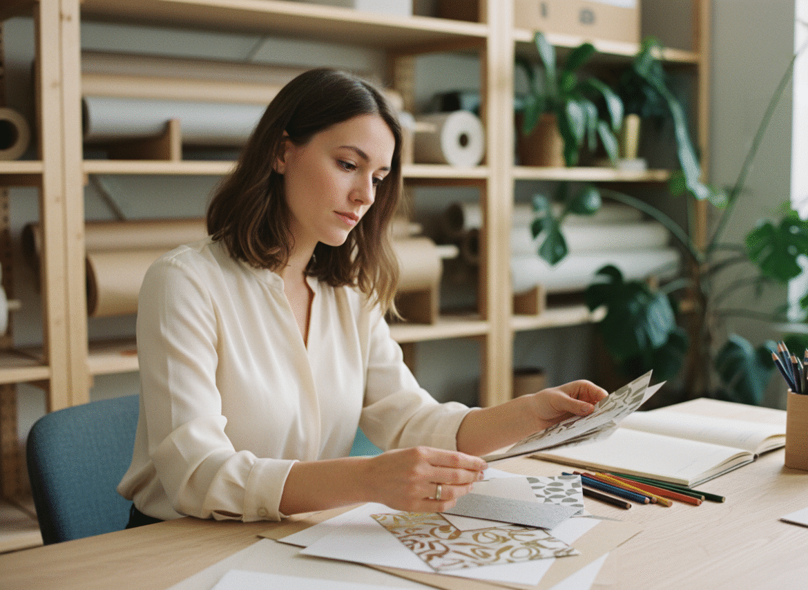 Jeune femme examinant des échantillons de papier texturés