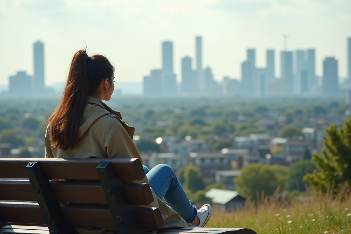 Jeune femme observant la skyline urbaine depuis un parc