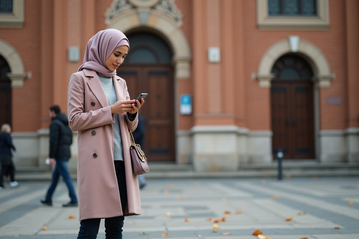 Jeune femme musulmane vérifiant prière dehors