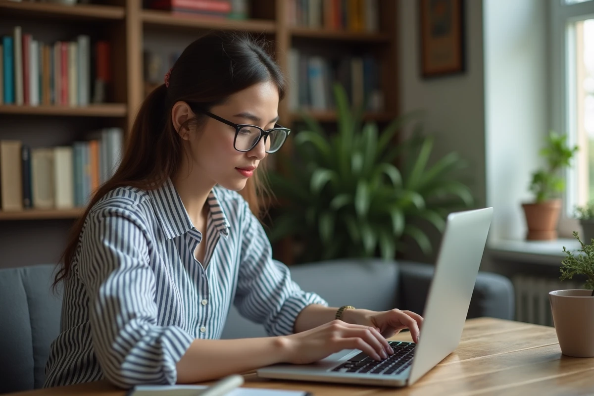 Jeune femme concentrée sur son ordinateur en puzzle de mots