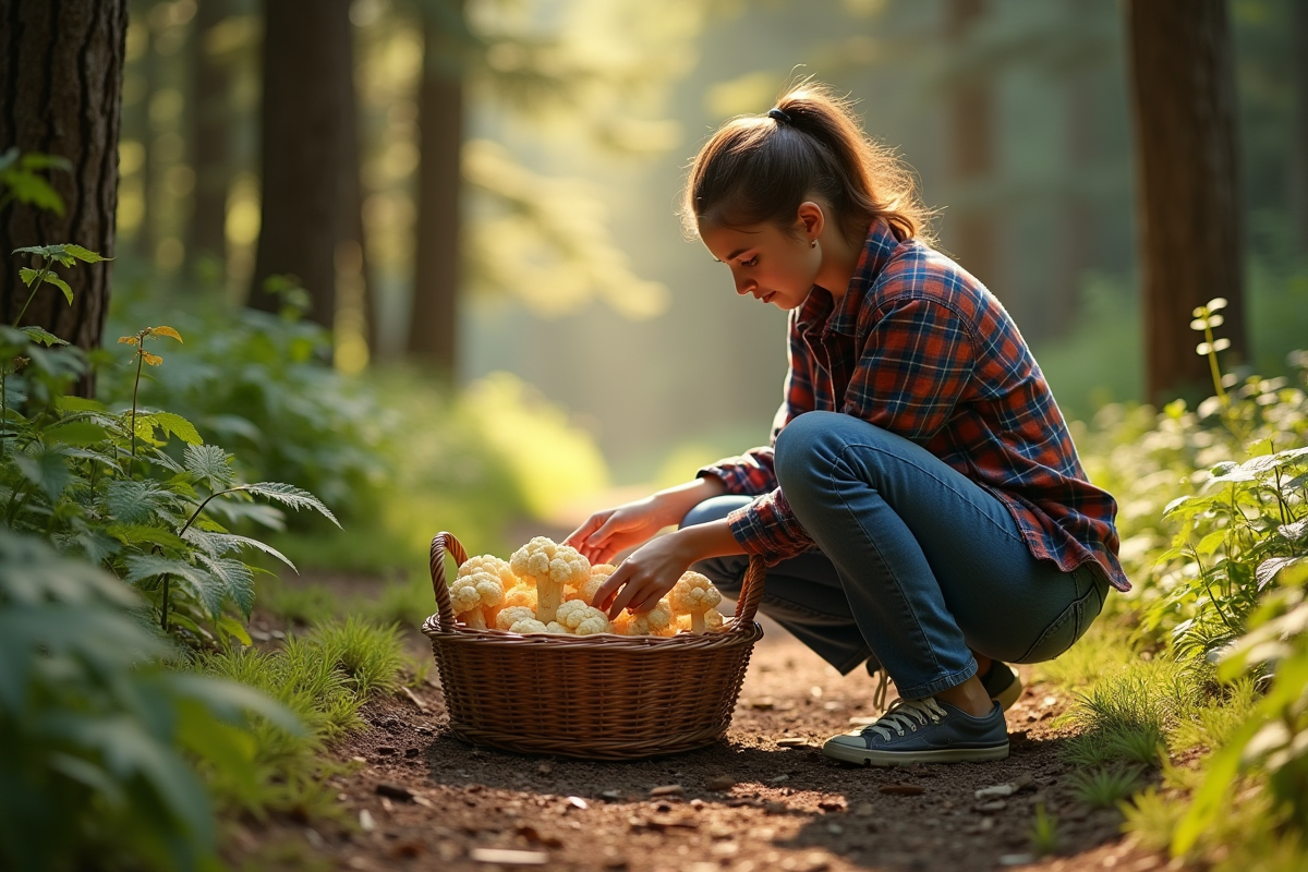 Jeune femme récoltant des champignons dans la forêt en famille