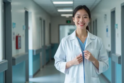 Jeune femme soignante souriante en blouse blanche dans un hôpital