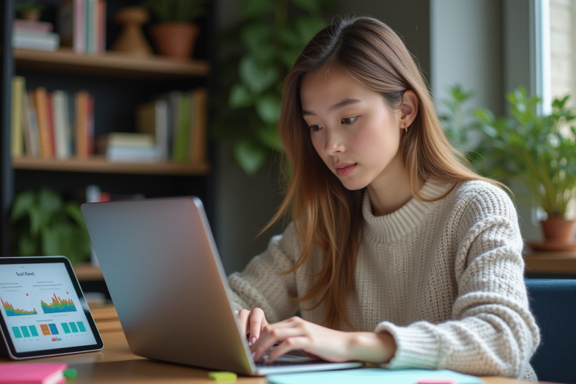 Jeune femme concentrée travaillant sur un ordinateur portable dans une salle d'étude