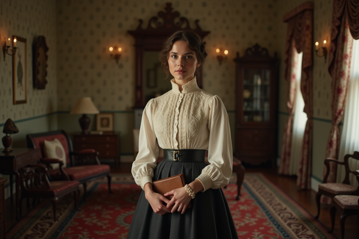 Jeune femme victorien avec blouse en dentelle et jupe longue