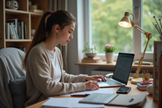 Jeune fille de 15 ans travaillant sur son ordinateur dans sa chambre