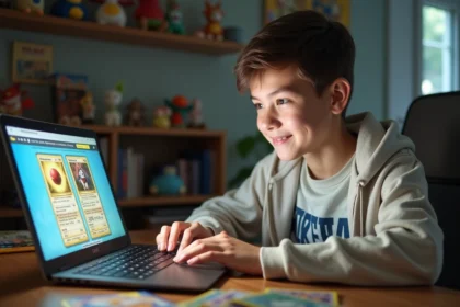 Jeune garçon concentré jouant au Pokémon en ligne dans sa chambre