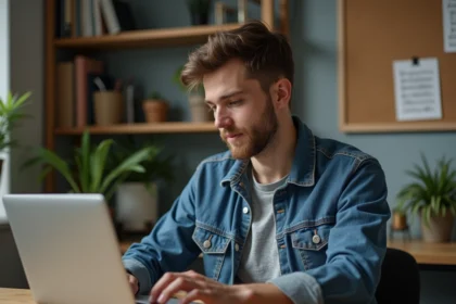 Jeune homme en denim regarde un site de musique sur son ordinateur
