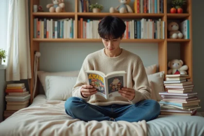 Jeune homme lisant un manga yaoi dans sa chambre chaleureuse