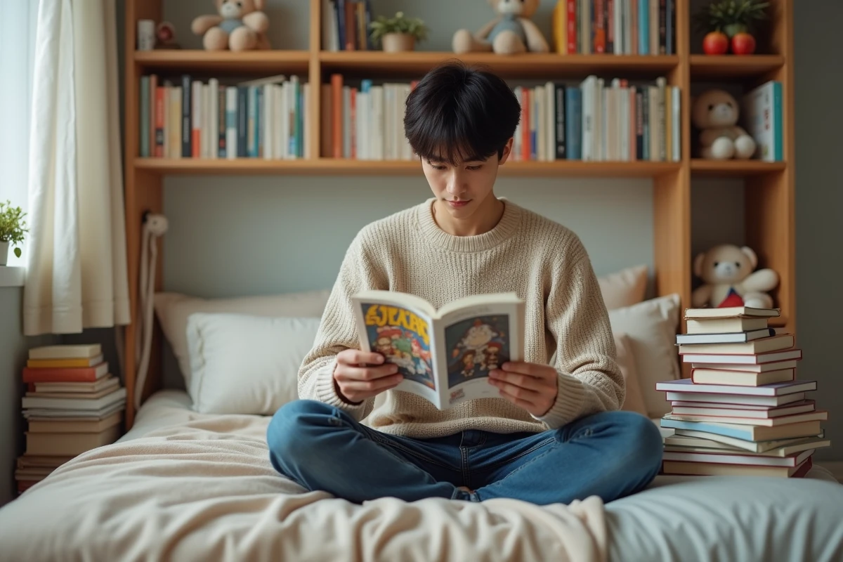 Jeune homme lisant un manga yaoi dans sa chambre chaleureuse
