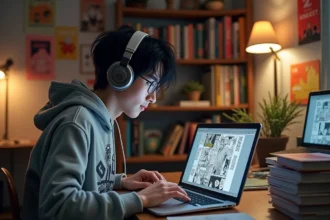 Jeune homme lisant manga Black Clover sur son ordinateur