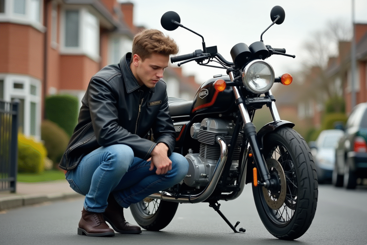 Jeune homme examine une moto Magpower Avengers 125 dans la rue