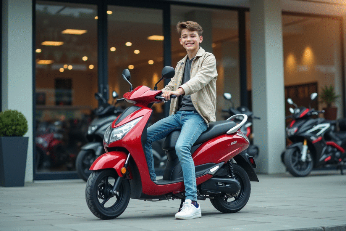 Jeune homme souriant avec scooter 50cc en ville
