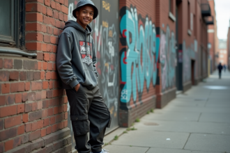 Jeune homme en streetwear devant un mur graffite urbain
