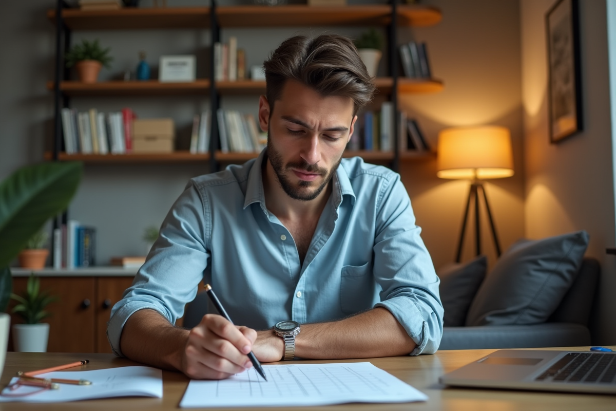 Jeune homme remplissant un tableau de dettes dans son appartement