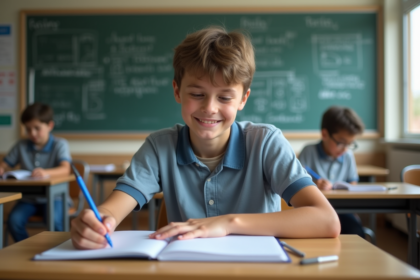 Jeune lyceen souriant en classe avec ses notes