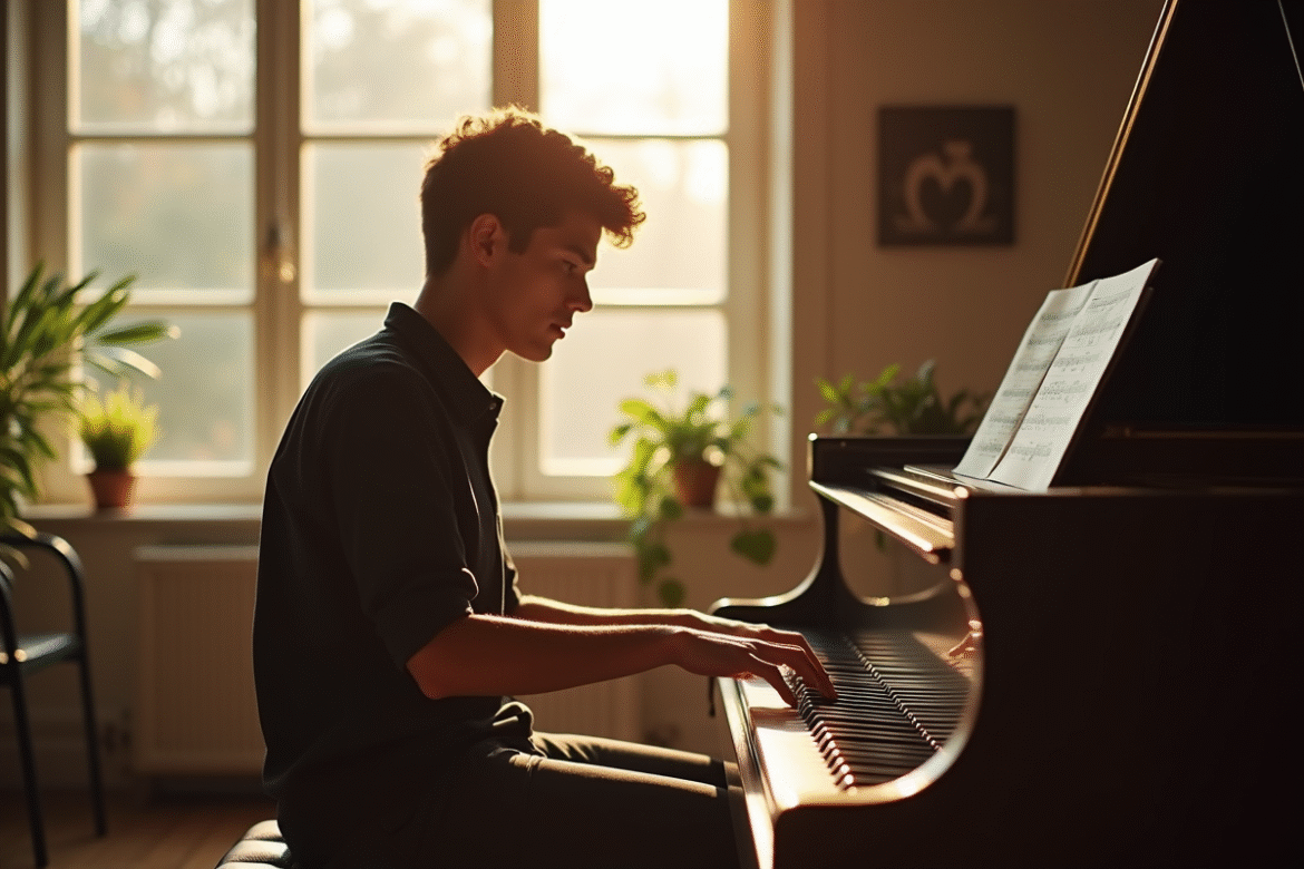 Jeune musicien pensif au piano dans un studio lumineux