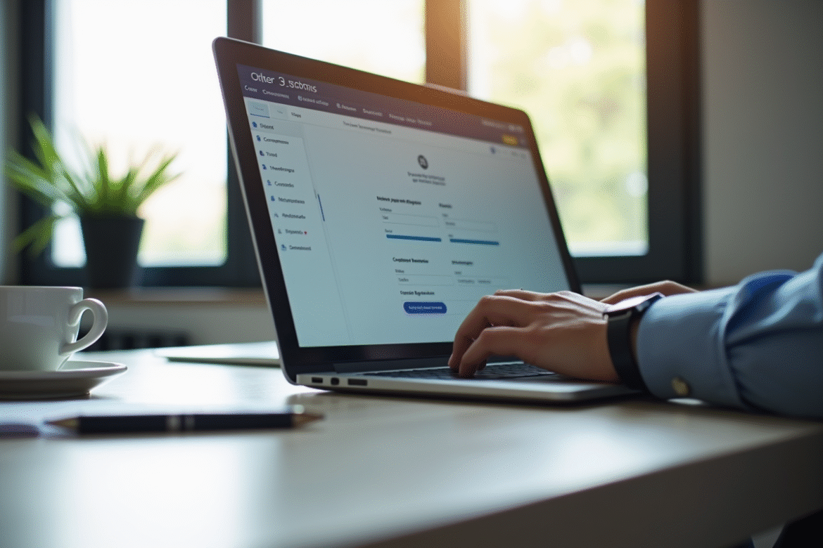 Jeune professionnel utilisant un portail en ligne sécurisé sur un ordinateur moderne