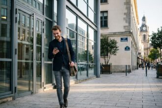 Jeune homme professionnel dans Rennes sortant d'un bâtiment moderne