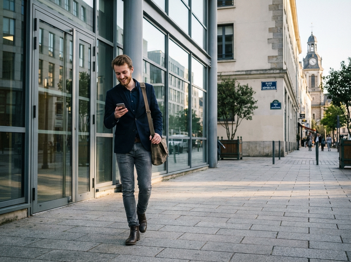 Jeune homme professionnel dans Rennes sortant d'un bâtiment moderne