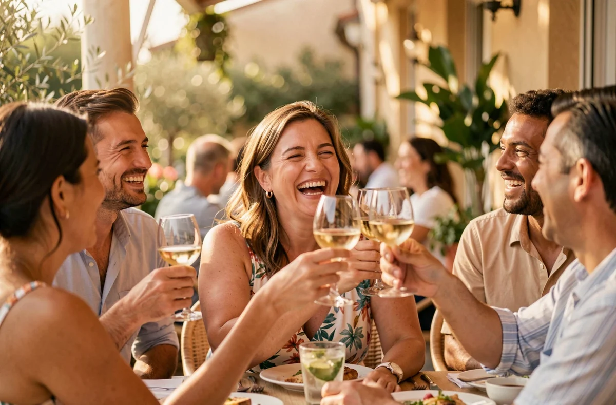 Une femme riant librement avec des amis en terrasse, rayonnant d'une joie de vivre authentique malgré les épreuves passées