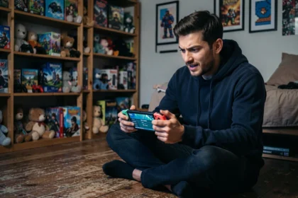Joueur tenant une Nintendo Switch dans une chambre de gamer décorée de figurines et d'affiches de jeux vidéo