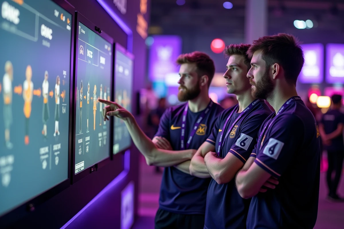 Trois joueurs en jersey violet analysant la répartition des rôles sur un écran lors d'un événement esport Quête Pourpre