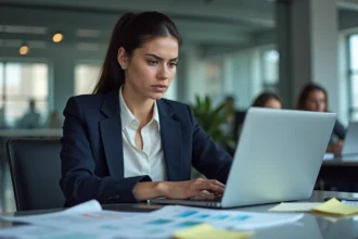 Journaliste analysant des documents suspects sur un ordinateur portable dans un bureau moderne, illustrant la méfiance envers les fuites d'informations en 2026