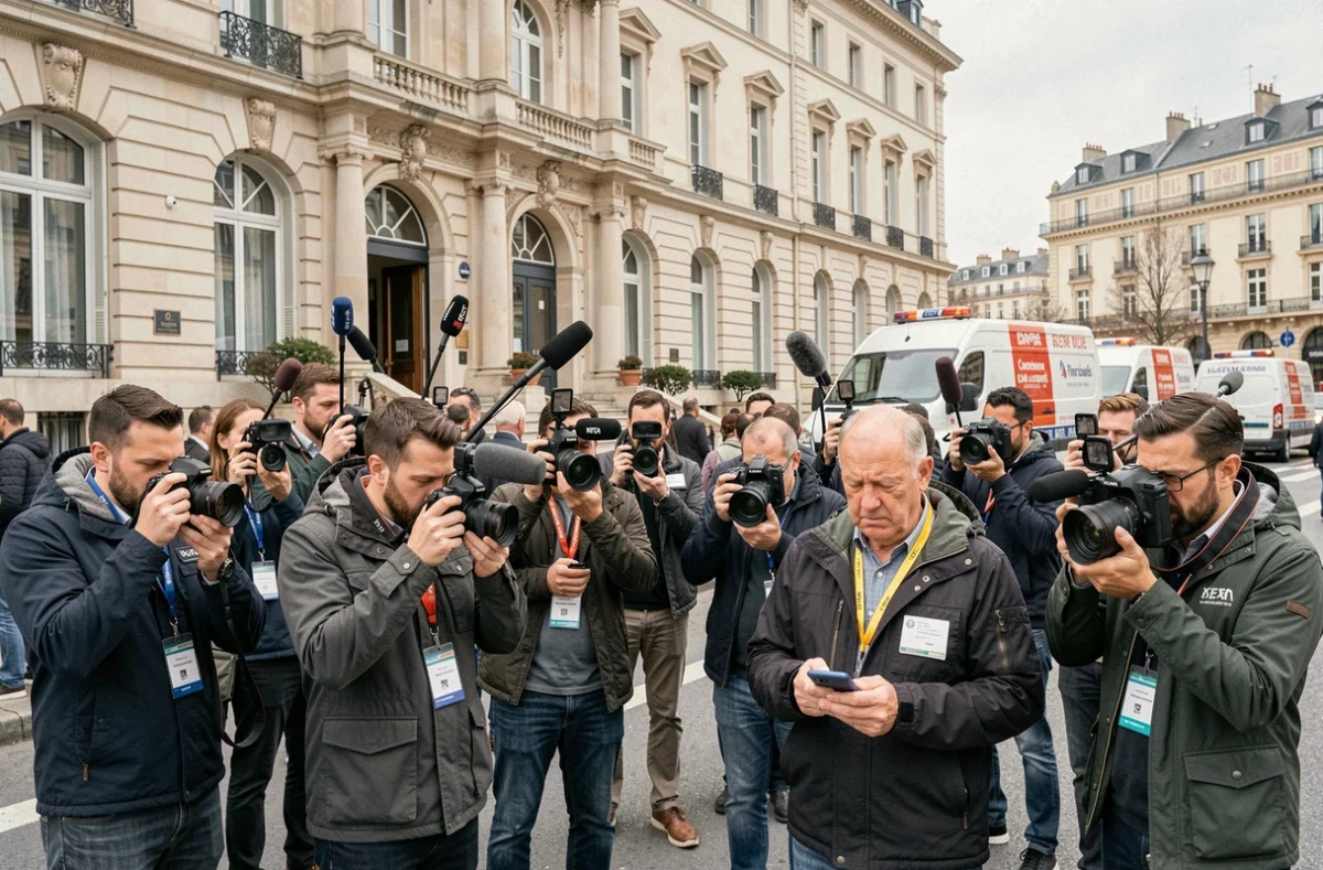 Journalistes et photographes de presse rassemblés devant le palais de justice de Cannes suite à l'attentat