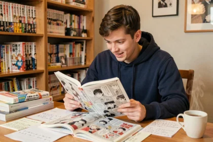 Jeune homme lisant un scan de manga One Piece à son bureau entouré de volumes de mangas
