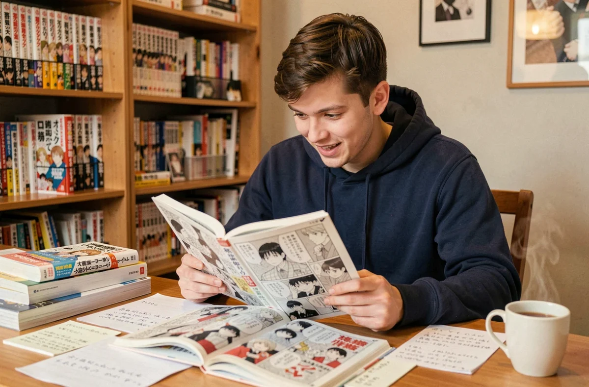 Jeune homme lisant un scan de manga One Piece à son bureau entouré de volumes de mangas