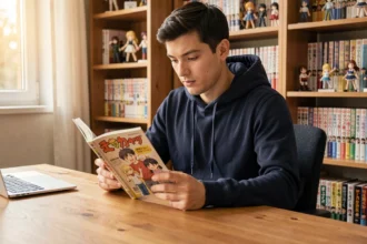 Jeune homme lisant un manga One Piece assis à son bureau entouré de collections de mangas
