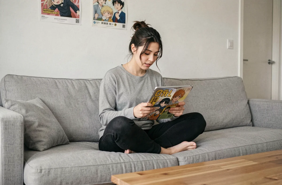 Femme lisant un scan de manga One Piece sur tablette dans son salon moderne