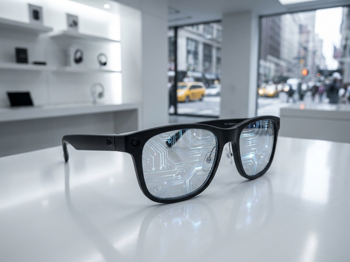 Lunettes de réalité augmentée futuristes posées sur un présentoir de showroom technologique, détail des verres intelligents et de la monture design