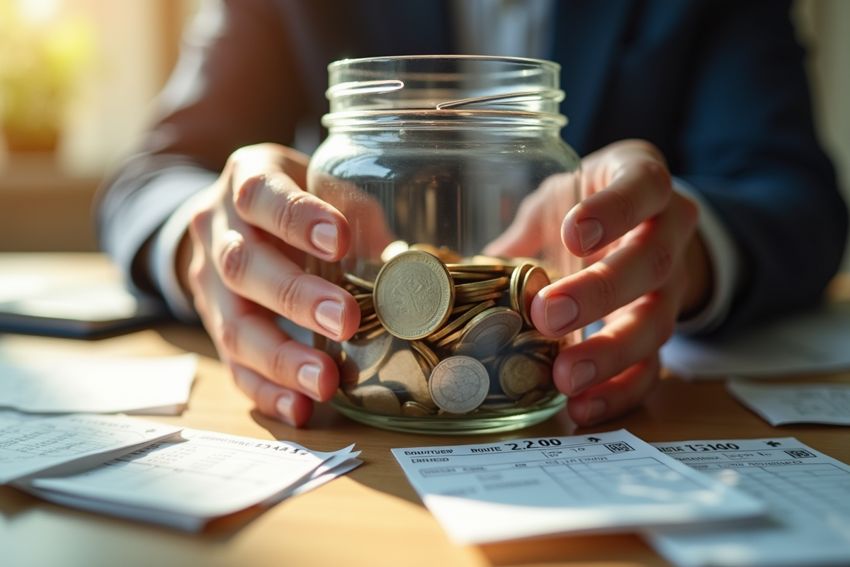 Mains tenant un jarre de pièces et billets avec étiquettes de prix