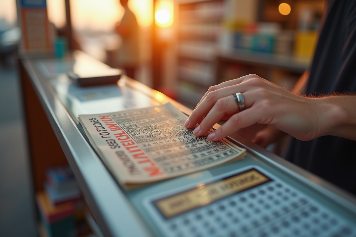 Main utilisant un ticket à gratter dans un stand lumineux