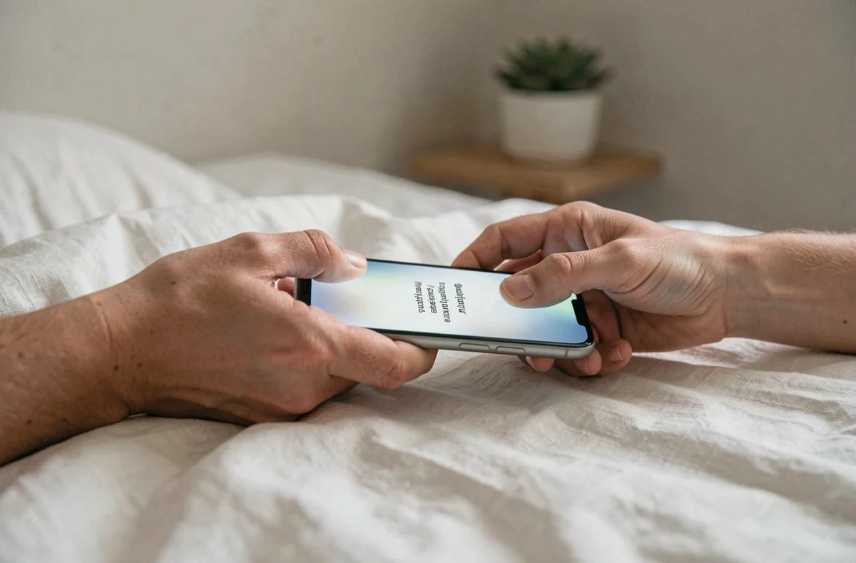 Deux mains tendrement rapprochées autour d'un smartphone affichant un message bonne nuit sur des draps blancs