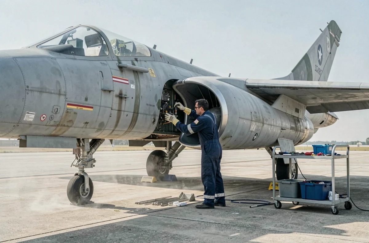 Technicien de l'armée de l'air effectuant la maintenance d'un F-4 Phantom II sur une piste militaire moderne