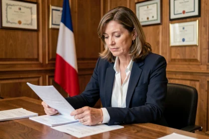 Maire adjointe en blazer marine examinant des documents administratifs dans un bureau de mairie français