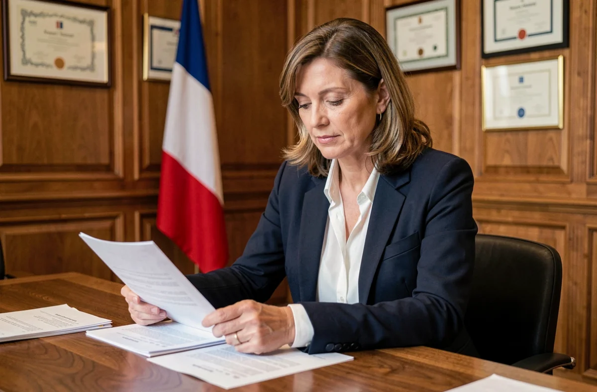 Maire adjointe en blazer marine examinant des documents administratifs dans un bureau de mairie français