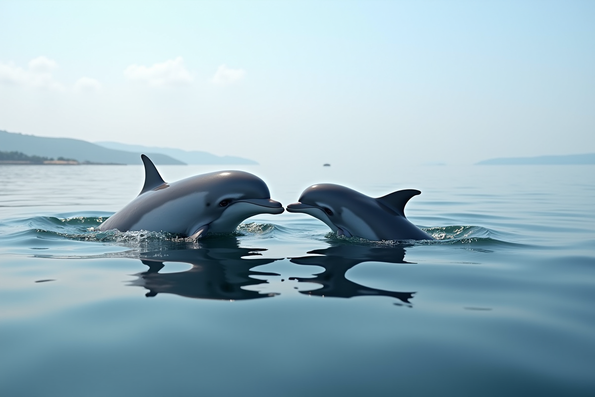 Maman dauphin et son bébé surfant à la surface de la mer