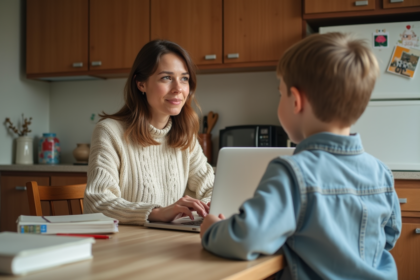 Maman multitaskant dans la cuisine avec enfant dessinant