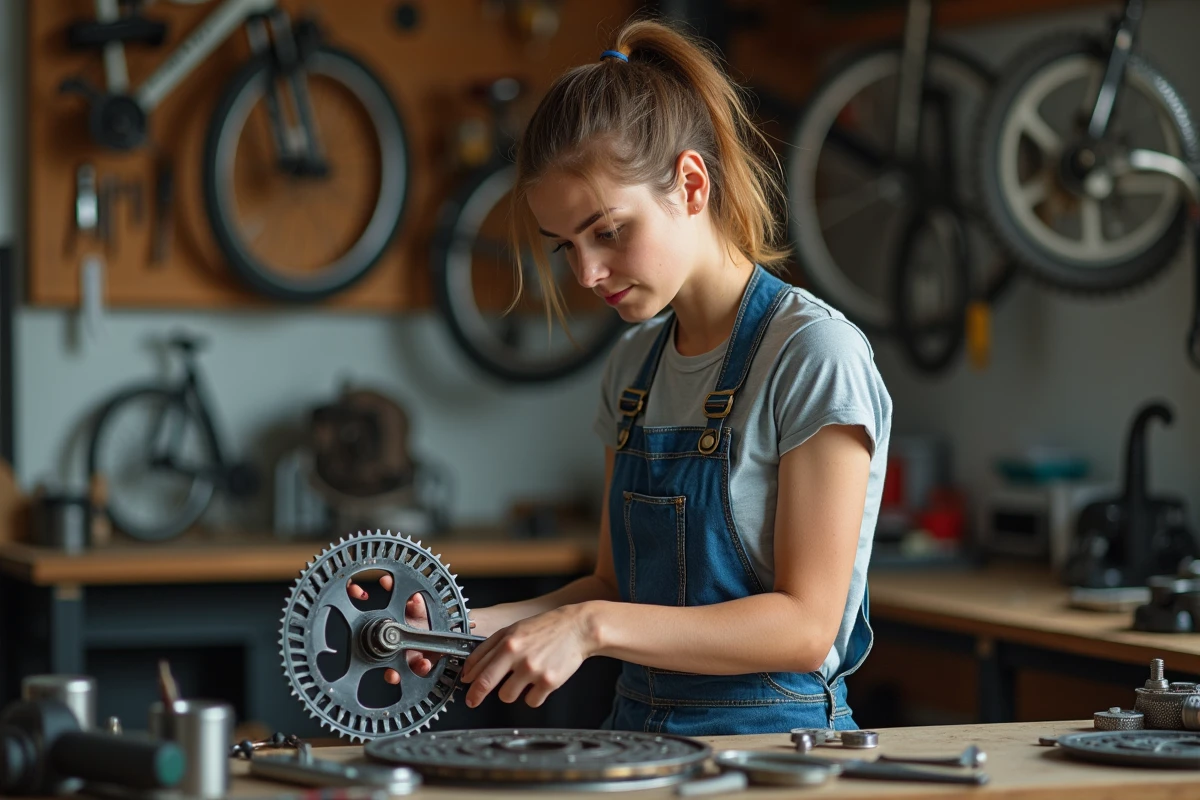 Jeune femme mécanicienne inspectant les engrenages de vélo