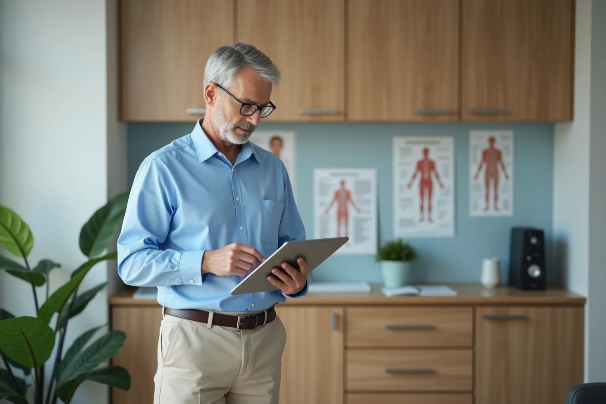 Médecin homme examinant des dossiers dans une clinique